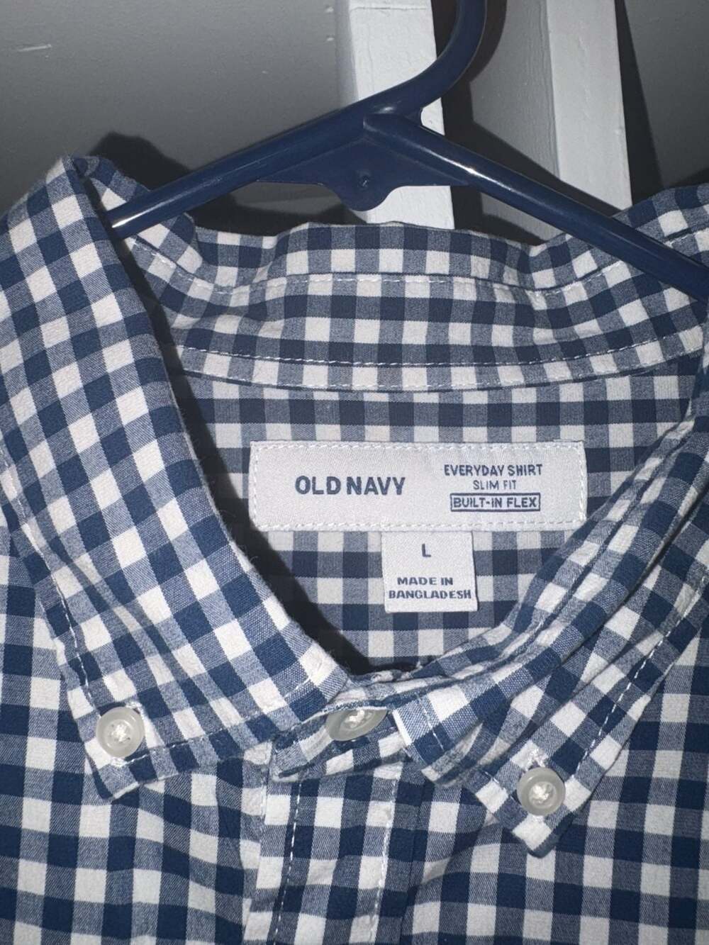 Old Navy Blue White Gingham Check Everyday Shirt Slim Fit Built-In Flex Size L